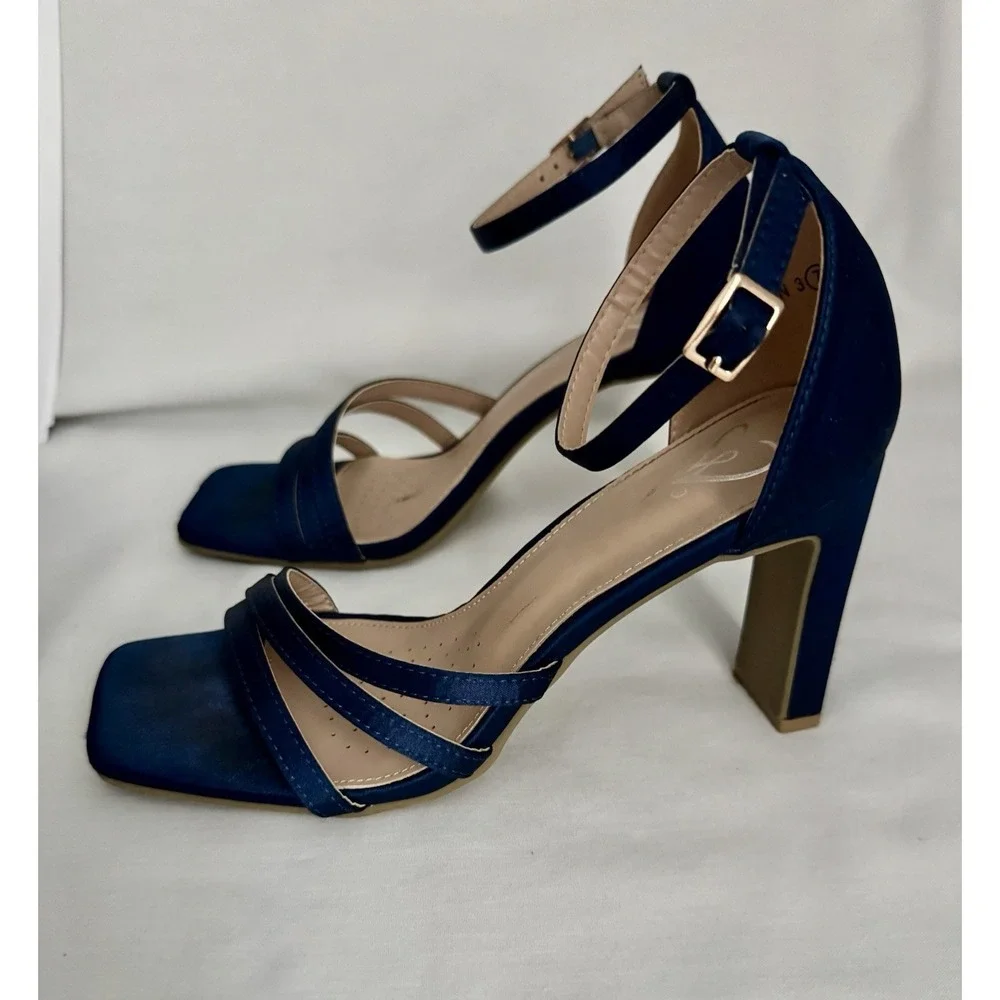 Women's Navy Blue Heel 7 Ankle Strap Open Toe Square Wedding Party  Sandal Heels